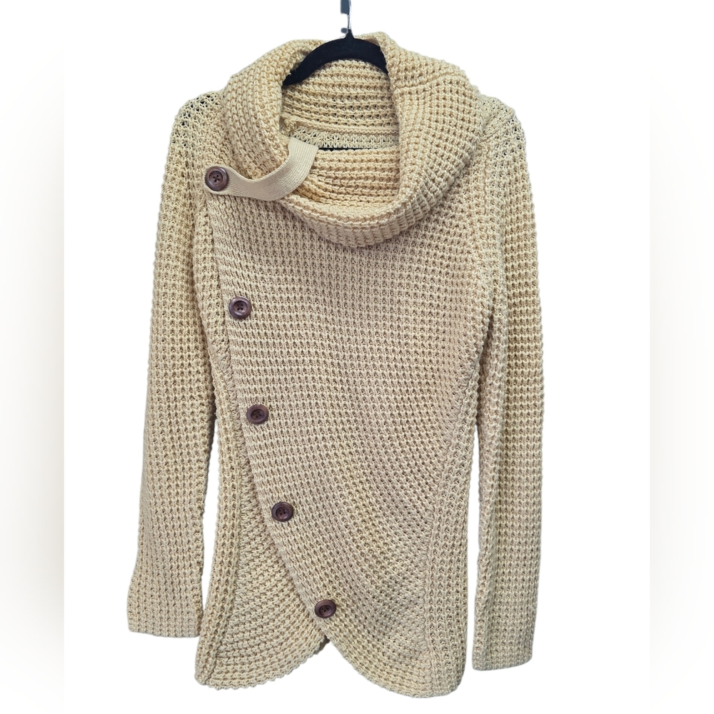 Waffle‎ Knit Cowl Neck Asymmetrical Button Wrap Sweater Beige Cream Chunky Knit
